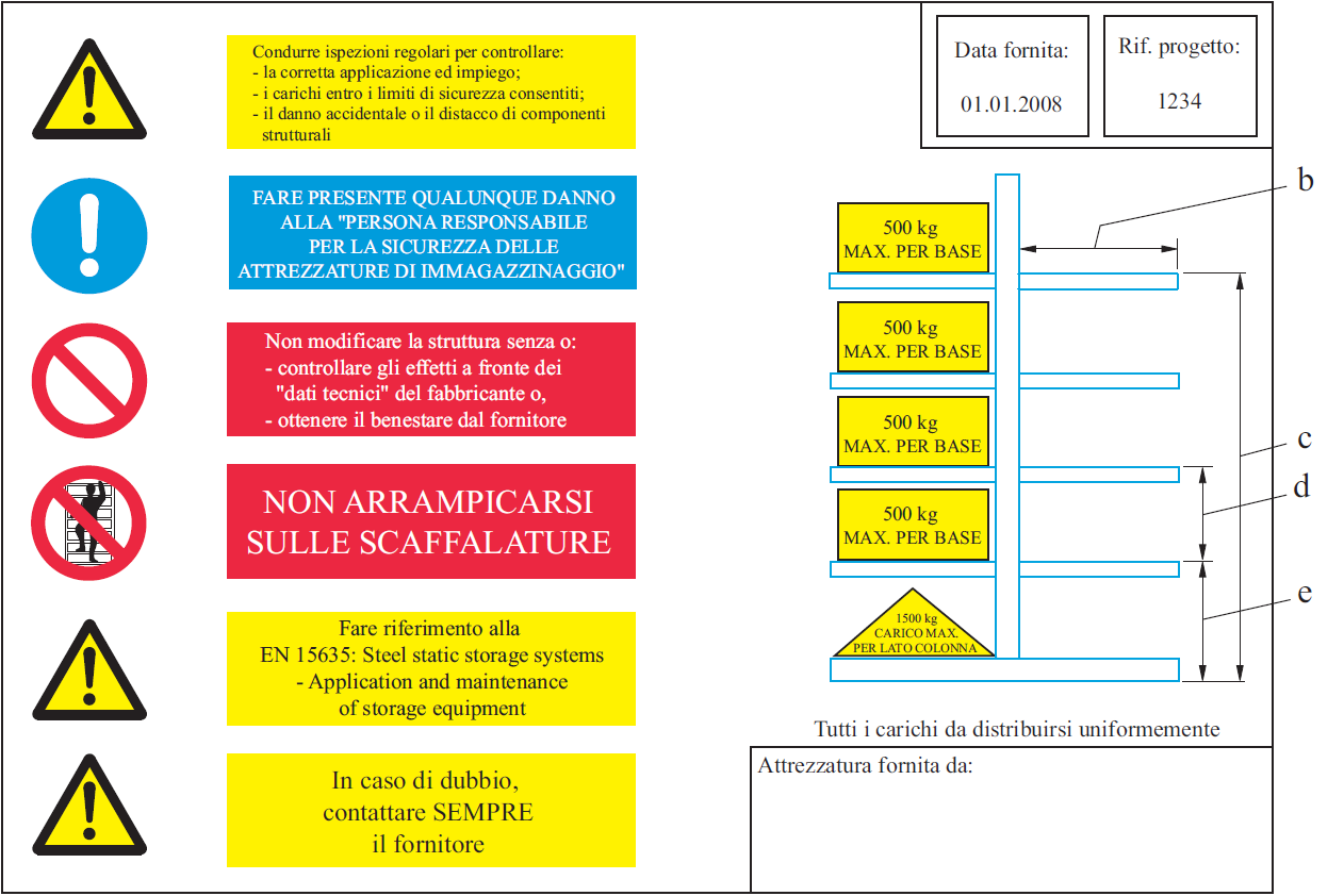 Figura B 11 Esempio cartello di carico per sistemi di scaffalature cantilever Figura B 11 Esempio cartello di carico per sistemi di scaffalature cantilever