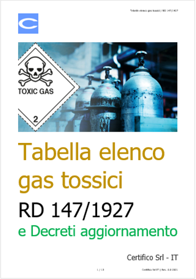 Tabella elenco gas tossici RD 147 1927 e Decreti aggiornamento Tabella elenco gas tossici RD 147 1927 e Decreti aggiornamento