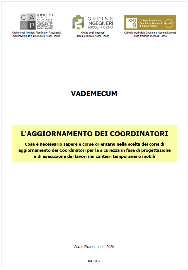 Vademecum aggiornamento coordinatori CSP e CSE Vademecum aggiornamento coordinatori CSP e CSE