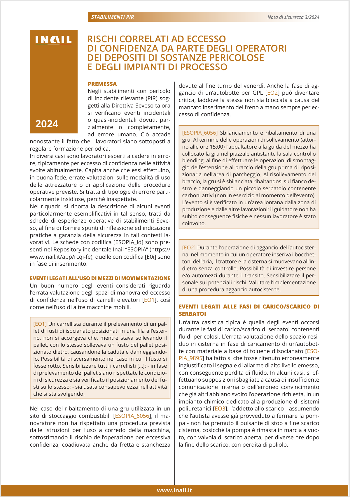 Rischi correlati ad eccesso di confidenza da parte degli operatori depositi di sostanze pericolose