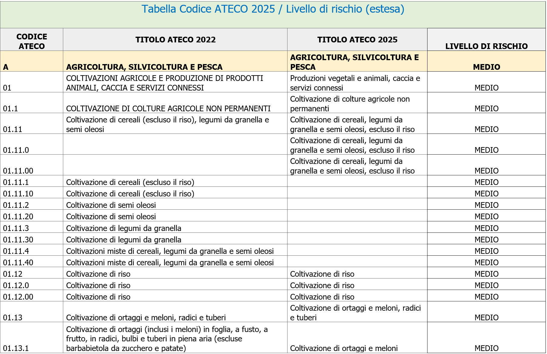 Tabella Codice ATECO 2025   Livello di rischio  estesa 